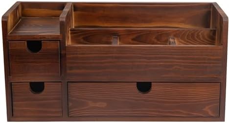 Rustic Brown Wooden Desktop Organizer Drawers Removable Office Supplies Torched Wood Storage Cabinet Caddy Box Stationery Pencil Slots Mail Holder Notes Accessories Home Makeup Tools Cosmetics - Image 4