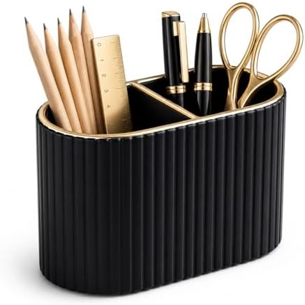 KINGFOM PU Leather Desk Organizer Pen Holder – Dual-Compartment Stylish Pencil Cup Remote Control Holder Desktop Supplies and Accessories Organizer Caddy for Office Home School (Black) by KingfomLeatherHomeOfficeDecor