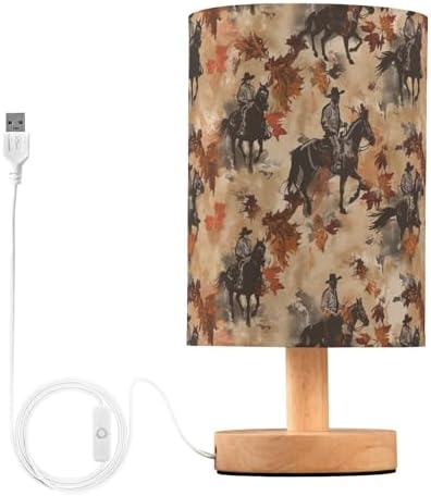 Rustic Western Fall Cowboy Horses Table Lamp for Bedroom USB Port Lamps Small Accent Table Lamp Nightstand Lamp Sturdy Linen Shade Wooden Base Decorative Lamps for Bedside Reading|Kids|Dorm|Home by Fustylead