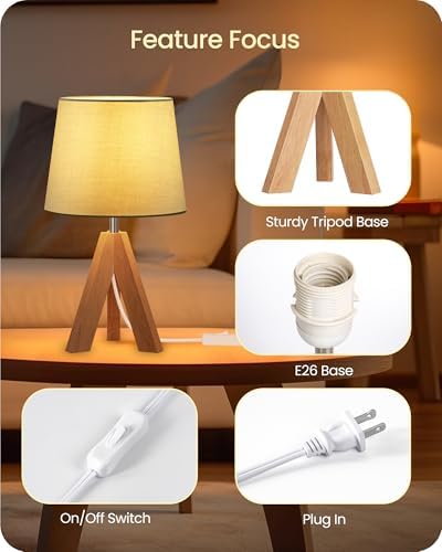 Tripod Table Lamp, Small Bedside Lamp with Wood Base & Green Fabric Shade, Little Cute Desk Lamp, Modern Nightstand Lamp for Bedroom, Kids Room, Living Room, Office, Corner, Green J51TL05 - Image 5