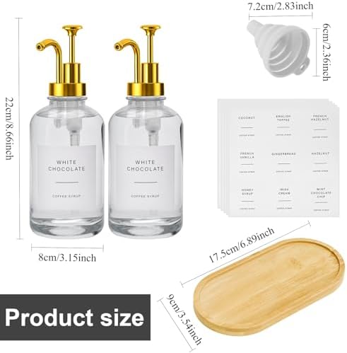 2 Pack 16oz Glass Coffee Syrup Dispenser with Gold Pump, Elegant Coffee Bar Accessories with Labels, Reusable Syrup Bottles for Kitchen, Café & Home Decor - Image 3