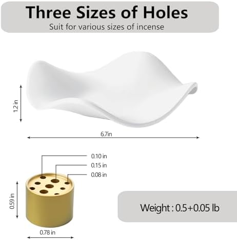 6.7 "Ceramic Incense Burner for Incense/Coil,Wavy Base with Brass -Incense Holder for Sticks,with Ash Catching Bowl for Meditation Yoga and Home Decoration (White) - Image 4
