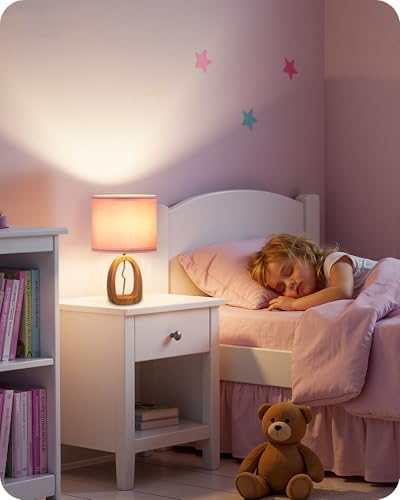 Pink Table Lamp, 14.2" Small Cute Desk Lamp, Wood Bedside Lamp with Pink Linen Lampshade & Natural Wood Base, Modern Nightstand Lamp for Girl's Room, Bedroom, E26 Base, MP07TL05 - Image 2