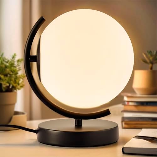 Black Globe Table Lamp, Plug-in Bedside Lamp, E12 Frosted Glass Shade by buyitnow