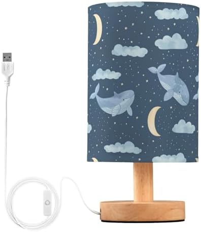Cute Whale Clouds Moon Star Deep Blue Bedside Table Lamps with USB Port for Bedroom Lamp Accent Table Lamp Small Nightstand Lamp Sturdy Linen Shade Wooden Decorative Lamps for Kids|Reading|Dorm|Home by Fustylead