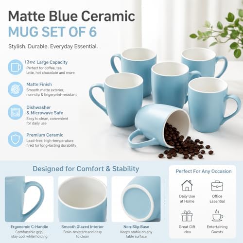 6-Piece 12oz Ceramic Coffee Mugs with Handles, Microwave & Dishwasher Safe, Ideal for Latte, Cappuccino and Hot Tea(Blue) - Image 2