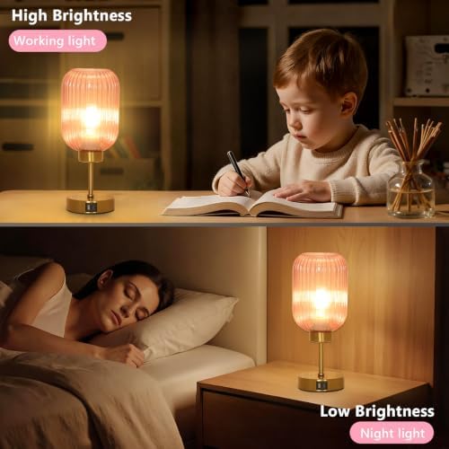 LAMSU Vintage Pink Table Lamp Touch Control, Small Glass Desk Lamp with Bulb, Charging Port, Mid Century Modern Bedside Lamp, 3 Way Dimmable Nightstand Lamp for Bedroom Living Room Home Decor - Image 3