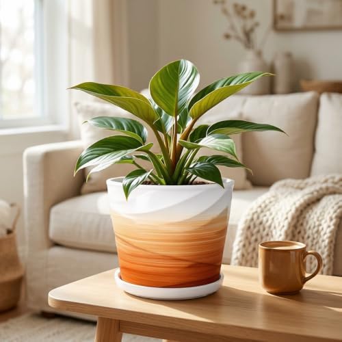 8 Inch Ceramic Plant Pot, Khaki + White - Image 7