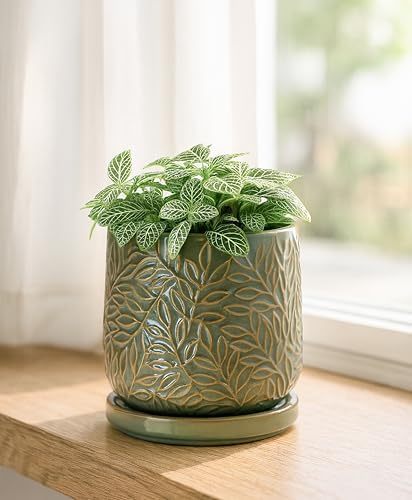D'vine Dev Embossed Leaves Ceramic Planter, 4 in, Olive, 27-A-Z-0 - Image 5