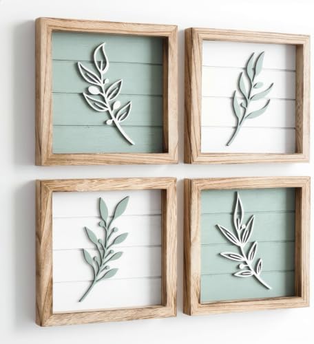 3D Sage Green Leaf Wall Art (Framed Set of 4), Botanical Boho Bathroom Art,Lightweight Ready-To-Hang Textured Artwork Wall Decor for Bedroom,Bathroom,Living Room or Office (7”X7” Sage Green) by Unknown