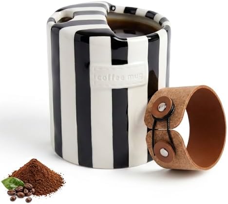 10oz Ceramic Coffee Mug with Sip Hole Hand-Painted Striped Ceramic Cup by Foubret