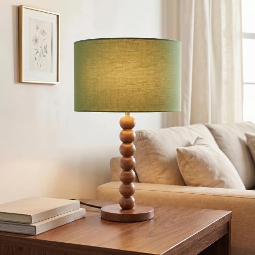 Buruis 17.5" Walnut Wood Beaded Table Lamp with Linen Shade, Dimmable,Green by KeepYourBathroomKitchenandHomeOrganized