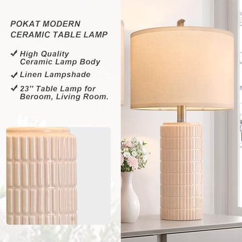 PoKat 23" Pink Ceramic Table Lamps Set of 2, Modern Bedroom Lamps for Girls Room, Bedside Lamps for Night Stands, Cute Lamps for Living Room Decor, Nightstands Desk Lamp, Pink - Image 2