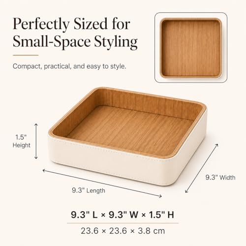 GORESE Square Perfume Tray for Dresser, PU Leather Jewelry Tray for Vanity, Cream White & Wooden - Image 6