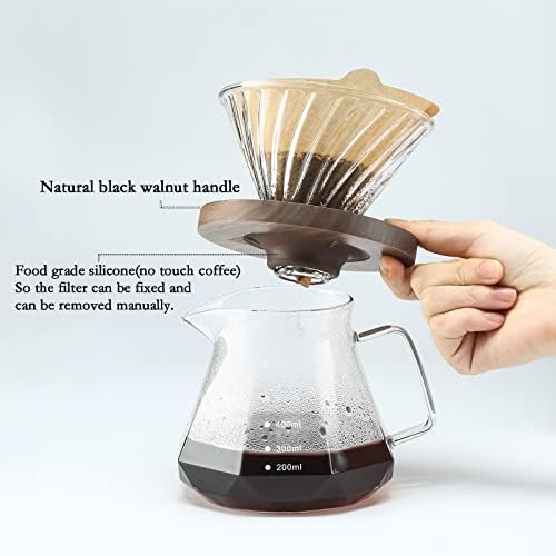 Lalord Pour Over Coffee Dripper with 100 pcs Size 02 Paper Filter, Walnut Handle and Borosilicate Glass, Glass Coffee Dripper, Hold for 1-4 Cups - Image 4