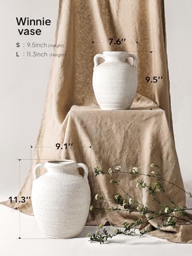 White Ceramic Vase with Handles, 9.5Inch, Farmhouse Rustic, Gritstone White - Image 3