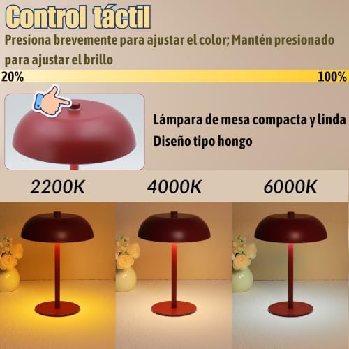 Cordless LED Mushroom Table Lamp, 5200mAh Battery, Dimmable 3 Color, Red - Image 4
