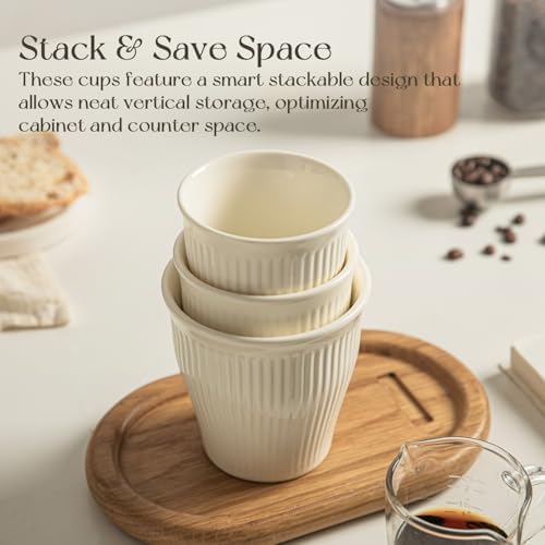 KEMORELA Espresso Cups Set of 3 – 5.5oz/7oz/10oz Ceramic Espresso Cups, Handleless Mug, Japanese Tea Cups， Ceramic Cups no Handles， Microwave and Dishwasher Safe, Barista Use, Asian Matcha Cup, White - Image 4