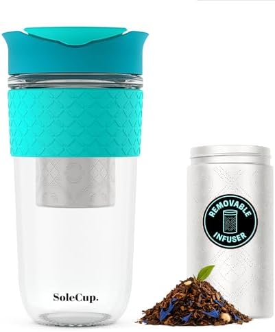Large Travel Mug Loose Tea Infuser - Detachable Tea Strainer with Spill Proof Lid - 18oz/530ml BPA-Free Reusable Glass Travel Coffee Cup with Silicone Band (Blue, 18oz) by SoleCup