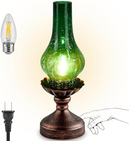 Vintage Table Lamp with Green Crackle Glass Shade,Touch Control & 3-Way Dimmable Rustic Retro Farmhouse Bedside Lamp for Bedroom, Living Room, Cabin, Office (2700K LED Candle Bulb Included) by LEDIKON