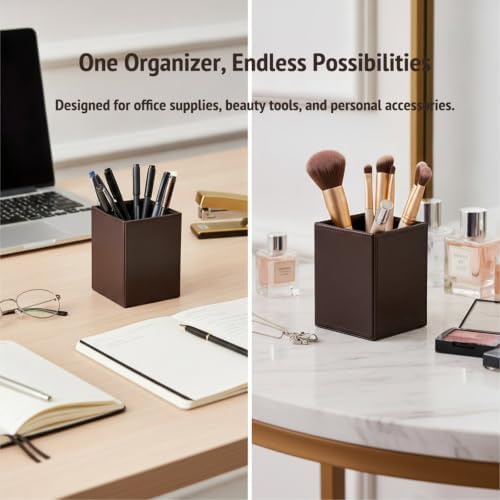 UnionBasic Square Pen Holder, Leather Pencil Cup, Desktop Caddy Stationery Organizer (Coffee) - Image 2