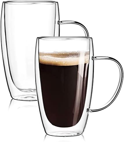 2-Pack 15 Oz Double Walled Glass Coffee Mugs with Handle,Large Insulated Layer Coffee Cups,Clear Borosilicate Mugs,Perfect for Cappuccino,Tea,Latte,Espresso,Hot Beverage,Wine,Microwave Safe by Wells