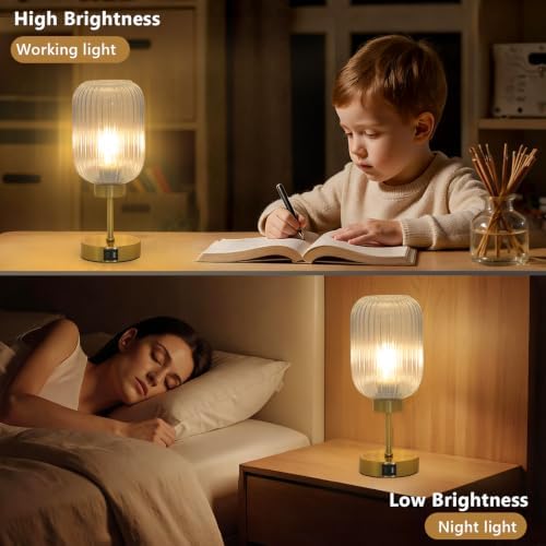 LAMSU Vintage Gold Touch Table Lamp, Small Desk Lamp with Clear Glass Shade, Bulb, Charging Port, Mid Century Modern Bedside Lamp, 3 Way Dimmable Nightstand Lamp for Bedroom Living Room Home Decor - Image 3