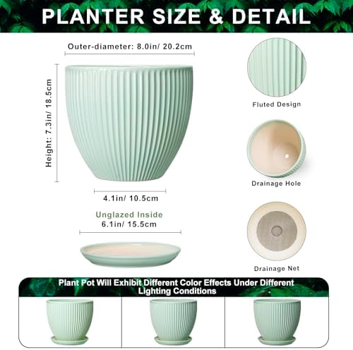 Ceramic Plant Pot, 8 Inch Flower Pots with Saucer, Mint Green - Image 2