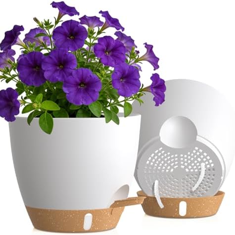 Self Watering Pots with Drainage Holes, 2 Pack 10 Inch Plant Pots with Water Level Indicator Deep Reservoir, Large Plastic Planter for Indoor Outdoor Plants - White Brown by KUGAZ