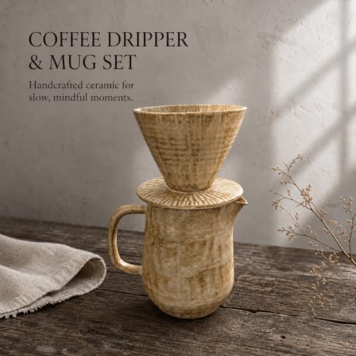 Ceramic Pour Over Coffee Maker Set, 2-Piece Stoneware Coffee Dripper and Pitcher, Rustic Wheat Glaze Manual Coffee Brewer, 11.3 oz Coffee Server for Home Kitchen - Image 4