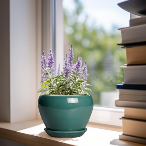 Ceramicfor Indoor Plant Pot 6 Inch - Ceramic Planter with Drainage Hole and Saucer, Modern Decorative Indoor Planter for Herb Succulent Plants, Garden Home Decor, Gifts for Plant Lovers, Green - Image 2