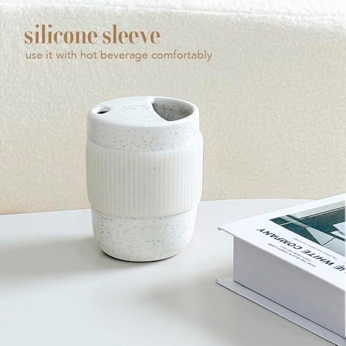 Handmade Ceramic Travel Coffee To Go Tumbler with Half Lid, 17oz Unique Tea Coffee Cup with Sip-top Lid, Speckle White - Image 3