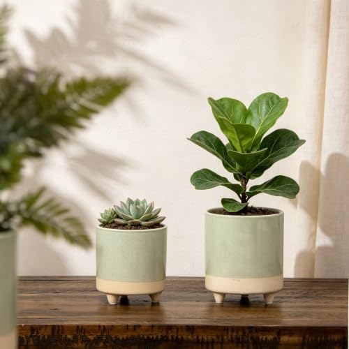 5in Two Tone Green Ceramic Footed Plant Pot, Green Pottery Container - Image 5