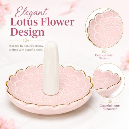 Ceramic Ring Dish Jewelry Tray, Pink Lotus Flower Jewelry Holder with Gold Rim, Decorative Ring Holder for Earrings, Necklace, Bracelet, Vanity, Nightstand, Dresser, Bathroom Counter - Image 3