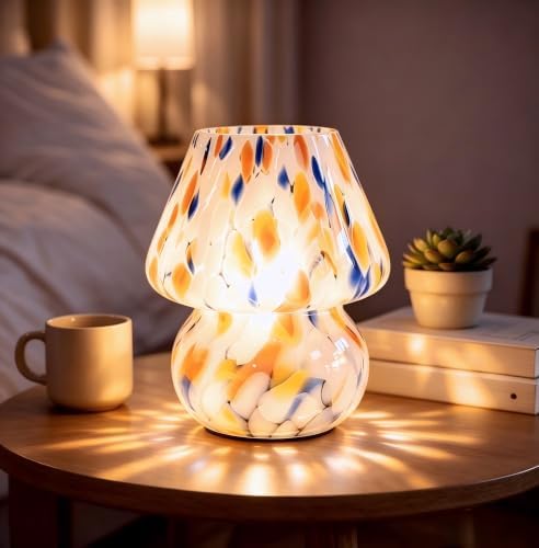 ULAROOM Cordless Mushroom Lamp-Modern Small Battery Operated Table Lamp with Timer for Home Decor,Aesthetic Glass Battery Powered Lamp for Bedroom/Kitchen/Living Room/Shelf Decor(White&Blue) by Ularoom