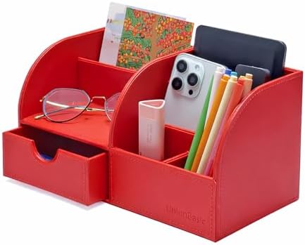 UnionBasic Desk Organizer - Multifunctional Leather Desktop Pen Holder Storage Box - Business Card/Pen/Pencil/Mobile Phone/Stationery Holder, Red by UnionBasic