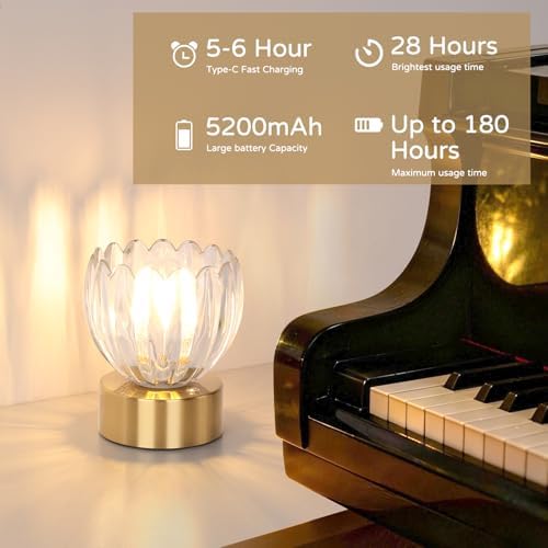Shenmoyl Cordless Small Table Lamp with 5200mAh Battery & Touch Control, Battery Operated Tulip Table Lamp with 3 Colors, Rechargeable Mini Table Lamps for Bedsides, Bedroom, Nightstand (Transparent) - Image 6