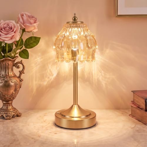 Cordless Table Lamp, Rechargeable Gold Glass Flower Lamp by NELICOND