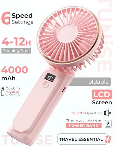 TUNISE Portable Handheld Fan, 4000mAh, 180 Adjustable, 6 Speed Wind, USB Rechargeable Foldable Fan with Real-Time Display - Image 2