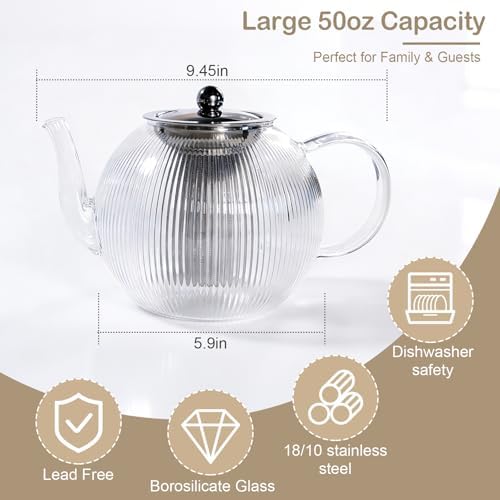 50OZ/1500ml Ribbed Borosilicate Glass Teapot with Removable Stainless Steel Infuser & Lid, Stovetop Safe Vertical Striped Clear Tea Kettle for Loose Leaf & Blooming Tea - Image 3