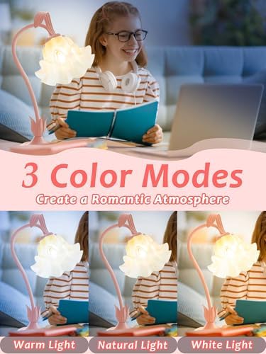 Flower Table Lamp, LED Reading Light Bedside Vintage Night Light (Pink) - Image 2