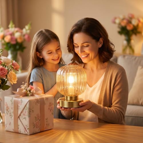 Elenhome Amber Touch Glass Table Lamp, 3-Way Dimmable Bedside Lamp, Vintage Mid-Century Modern Small Nightstand Lamp for Bedroom and Living Room, Ambient Mood Lighting, LED Bulb Included - Image 5