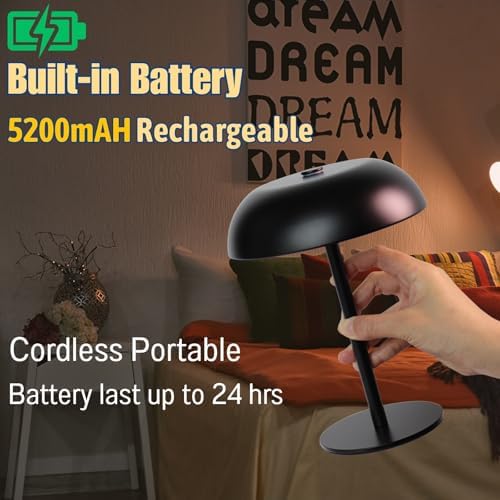 Cordless LED Mushroom Table Lamp, 5200mAh Battery, Dimmable 3 Color, Black - Image 4