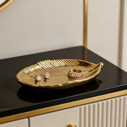 Trinket Dish Decorative Bowl - Jewelry Dish Tray Golden Leaf Shaped Ceramic Ring Bracelet Necklace Holder for Birthday Party Wedding Womens Ladies Girls Small - Image 3