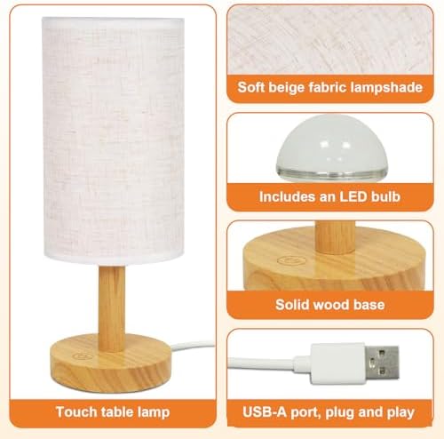 Small Touch Table Lamp with Stepless Dimming&USB Plug,Natural Round Wood Base&Linen Fabric Shade |Soft Ambient Warm Night Light|Minimalist Boho Bedside Lamp for Bedroom,Nightstand,Nursery,Kitchen,Dorm - Image 5