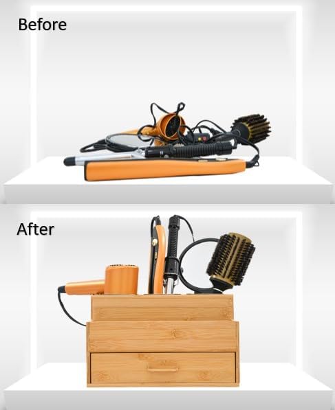Harzen Brothers Hair Tool Organizer- Bamboo, Blow Dryer Holder, Bathroom Countertop, Vanity Caddy Storage Stand for Accessories, Makeup, Toiletries - Image 5