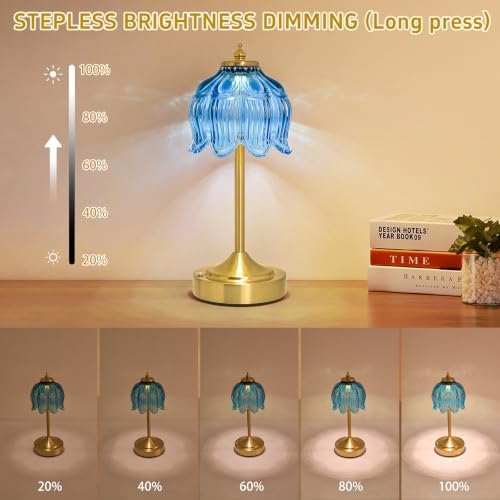 Cordless Table Lamp, Rechargeable Blue Glass Lotus Flower Lamp - Image 5