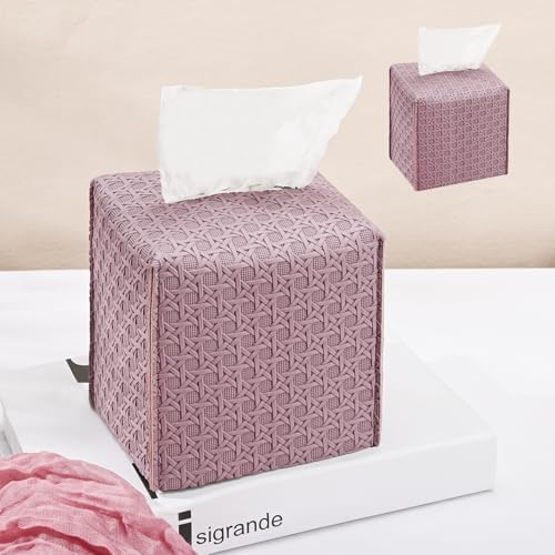 HOMOTEK 2 Pack Tissue Box Cover, Square PU Leather Tissue Holder, Decorative Facial Tissue Cube Paper Organizer Dispenser for Bathroom, Night Stands, Desk, Car 5X5X5'' - Rattan Weave,Plum Red by HOMOTEK