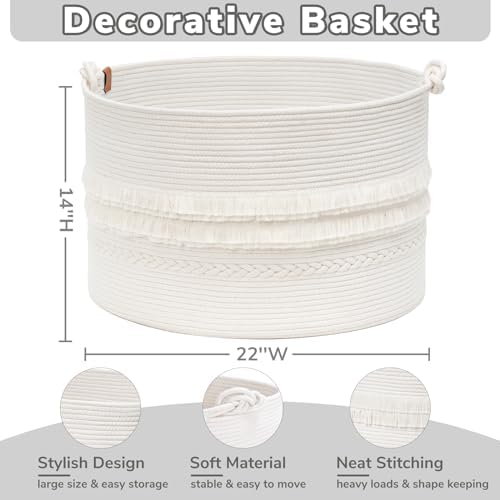 CherryNow 90L Large Woven Rope Blanket Basket with Tassel, 22" x 14", White - Image 4