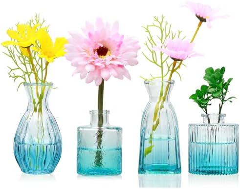 Glass Bud Vases Set of 4, Small Blue Flower Vases for Wedding Centerpieces by Mapoxy